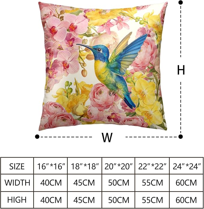 Spring Pillow Covers 18x18 Set of 2 Hummingbird Throw Pillow Covers Pink Yellow Moth Orchid Buttercup Floral Pillow Case for Home Decor Couch Sofa