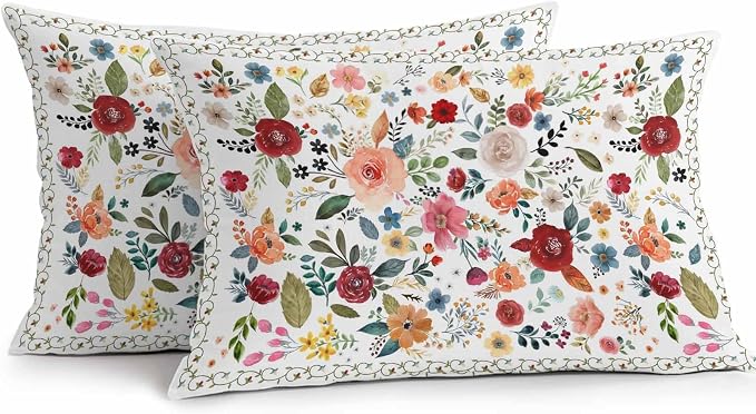 Vandarllin Outdoor Throw Pillows Covers 20x12 inch Set of 2 Waterproof Cream Floral Decorative Zippered Cushion Covers for Patio Furniture, Farmhouse Vintage Flower Lumbar Pillowcases