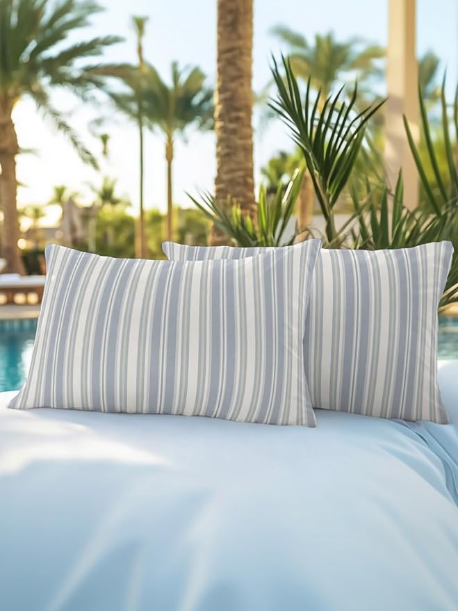 Waterproof Outdoor Pillow Set of 2 Blue Stripes Decorative Throw Pillows Cover & Insert 20x12 Inch Lumbar Pillowcase White Lines Lines Pillows for Couch Sofa Bed Patio Furniture Indoor Outdoor