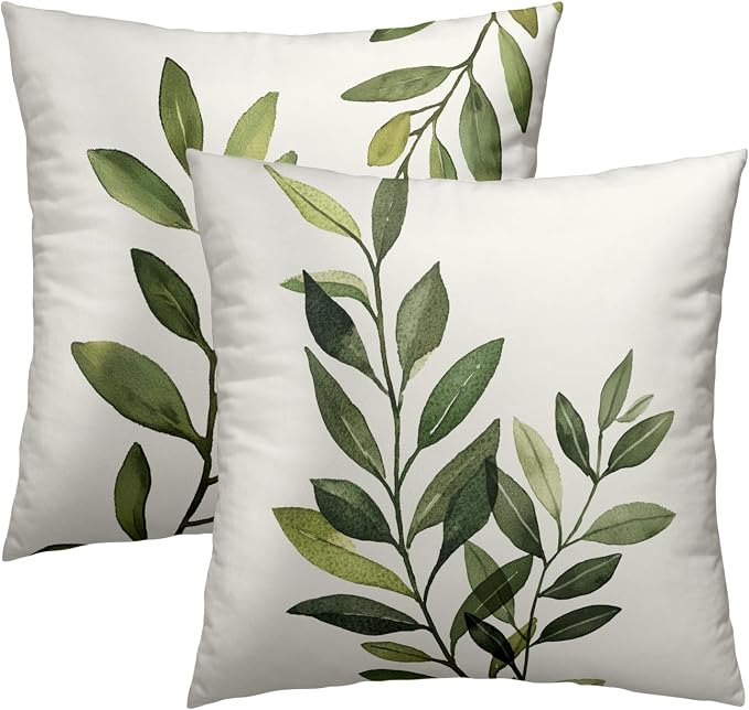 Sage Green Leaf Pillow Covers 18x18 Inch – Pack of 2 Rustic Spring Summer Plants Leaves Cotton Hidden Zipper Pillowcases for Couch Sofa Chair Bed Porch Farmhouse Home Decor