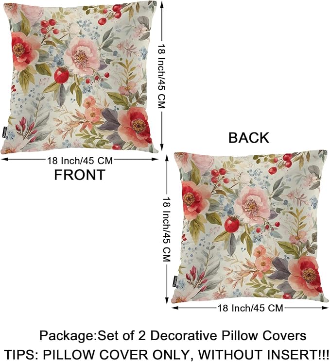 Swono Set of 2 Decorative Throw Pillow Covers Vintage Floral, Romantic Blossom Rose Flowers Farmhouse Pillowcases Accent Pillow Cushion Cover for Couch Sofa Bed Office Armchair 18 X 18 Inch