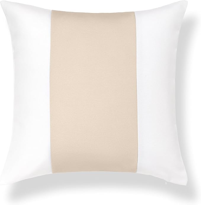 Hofdeco Premium Coastal Hampton Patio Indoor Outdoor Throw Pillow Cover Only, 20"x20" Water Repellent for Backyard, Couch, Poolside, Neutral Tan Print Color Block