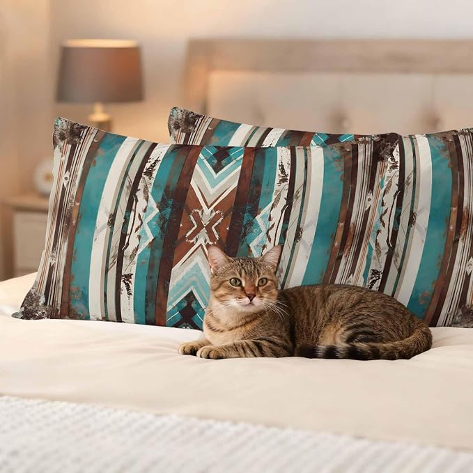 Ethnic Tribal Stripes Outdoor Pillow Covers 20"x12" Set of 2, Retro Vintage Geometric Teal Brown Stripes Waterproof Throw Pillow Covers for Patio Furniture, Decorative Cushion Covers for Porch