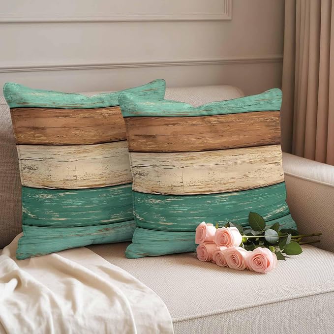 Farmhouse Teal Brown Outdoor Waterproof Pillow Covers, Vintage Wooden Striped Decorative Square Throw Pillowcase Sofa Cushion Sham for Patio/Couch/Chair, 26"x26" 2 Pack