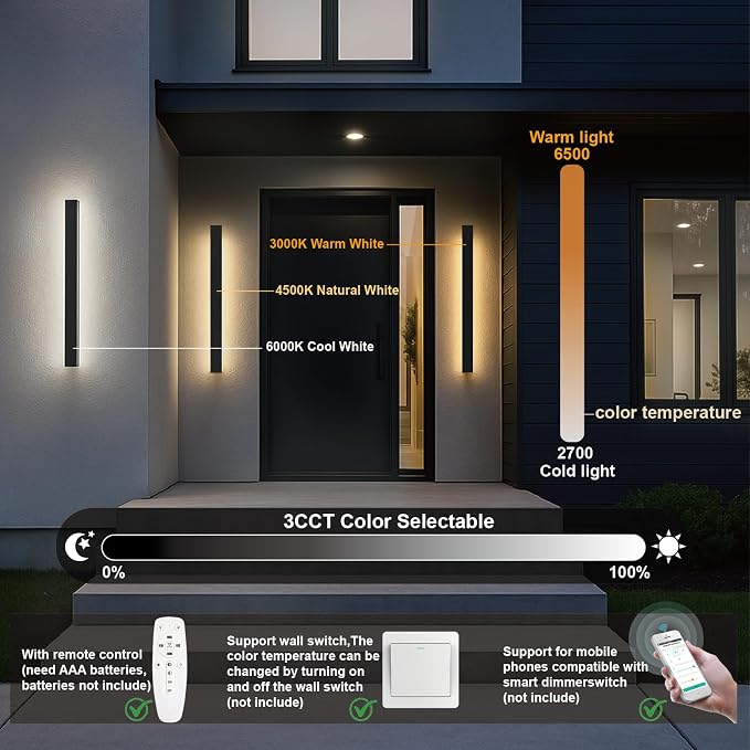 Outdoor Wall Lights, 47.24 Inch, Set of 2 | Waterproof, Linear Led Modern Wall Sconce, 2700-6500K Dimmable Selectable, Remote Dimming, Acrylic Anti Rust
