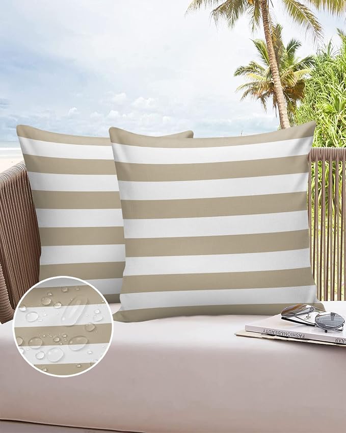 Outdoor Pillows 24x24 Waterproof Outdoor Pillow Covers Khaki White Stripes Polyester Throw Pillow Covers Garden Cushion Decorative Case for Patio Couch Decoration Set of 2 Geometric