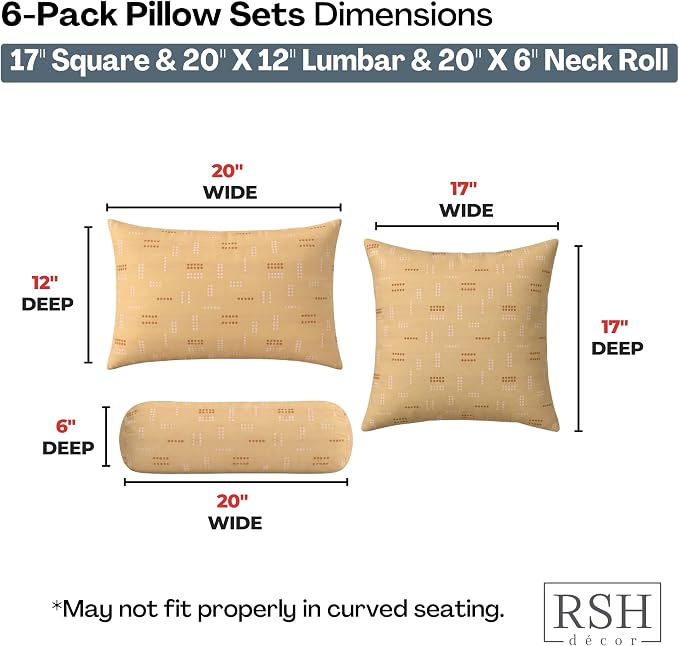 RSH DECOR: 6-Pack Pillow Set | Sunbrella Performance Fabric |Water & Fade-Resistant| 17" Square, 20"x12" Lumbar, 20"x6" Neck Roll | Outdoor Pillows for Patio Furniture | Made in USA (Jot Dot Sunshine)