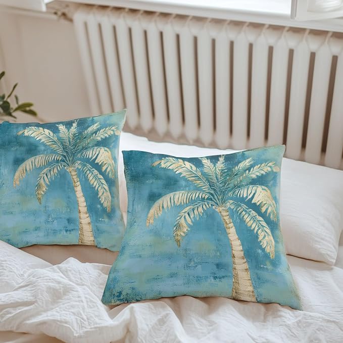 Coastal Beach Tree Teal Blue Outdoor Waterproof Pillow Covers, Vintage Summer Palm Tree Decorative Square Throw Pillowcase, Tropical Botanical Sofa Cushion Sham for Patio/Couch/Chair, 24"x24" 2 Pack