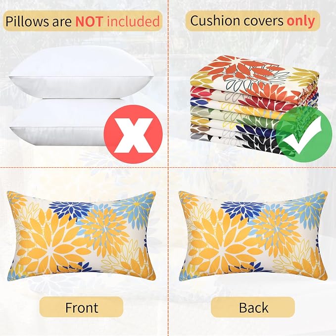 Set of 2 Yellow and Blue Dahlia Throw Pillow Covers 12x20 Inch Outdoor Pillows Waterproof Cushion Covers Decorative Spring Summer Pillowcases for Sofa Bedroom Patio Garden Farmhouse Decor