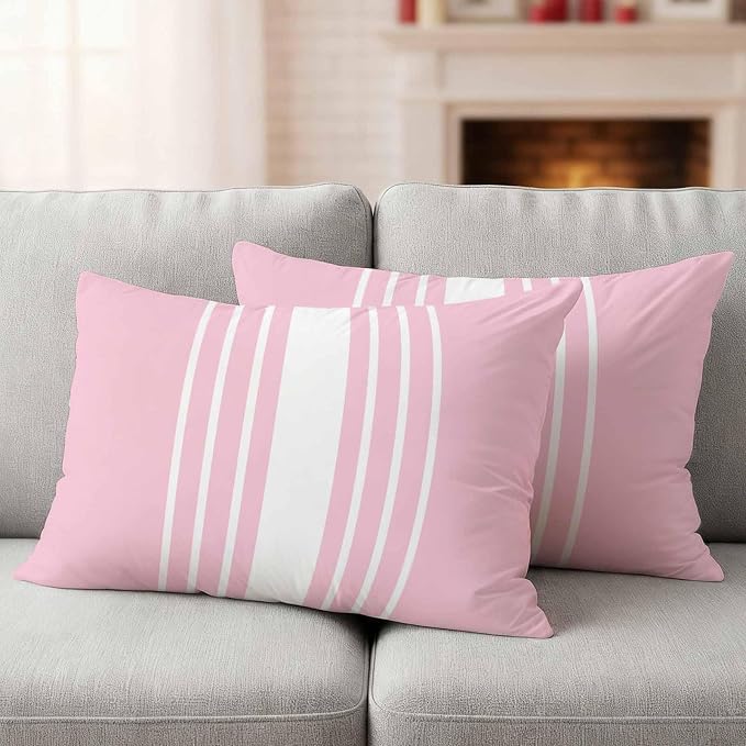 Pink White Stripe Outdoor Pillow Covers 20x12 Inch Lumbar Pillow Covers Set of 2 Waterproof Decorative Throw Pillow Cases Modern Rustic Vertical Striped Cushion Covers for Patio Furniture Garden Couch