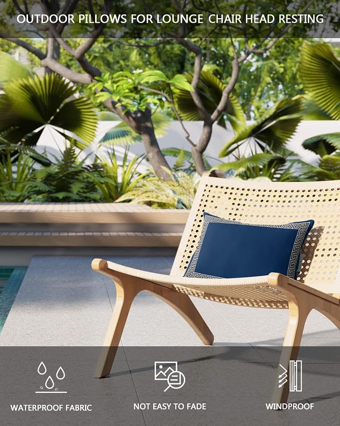 Outdoor Pillows Covers with Inserts Chinese Style Pattern Navy Blue Background Waterproof Recliner Pillow with Adjustable Strap Throw Pillows for Patio Furniture Pool Lounge Chair, 11x16 inch, 2PCS