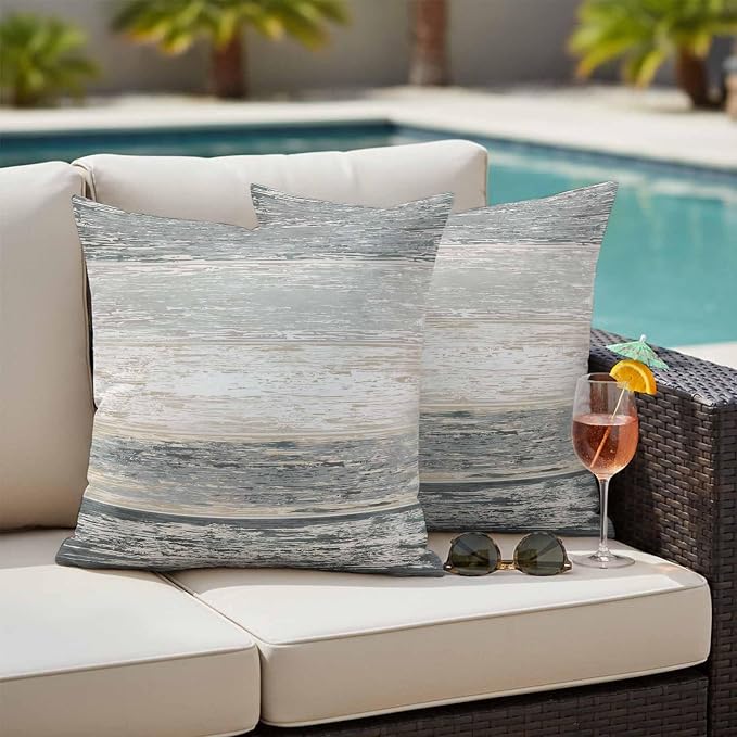 Outdoor Waterproof Throw Pillow Covers, Vintage Black Grey Decorative Pillow Cases, Farmhouse Barn Wooden Striped Couch Pillow Protector Patio Sofa Cushion Covers Replacement 18"x18" 2 Pack