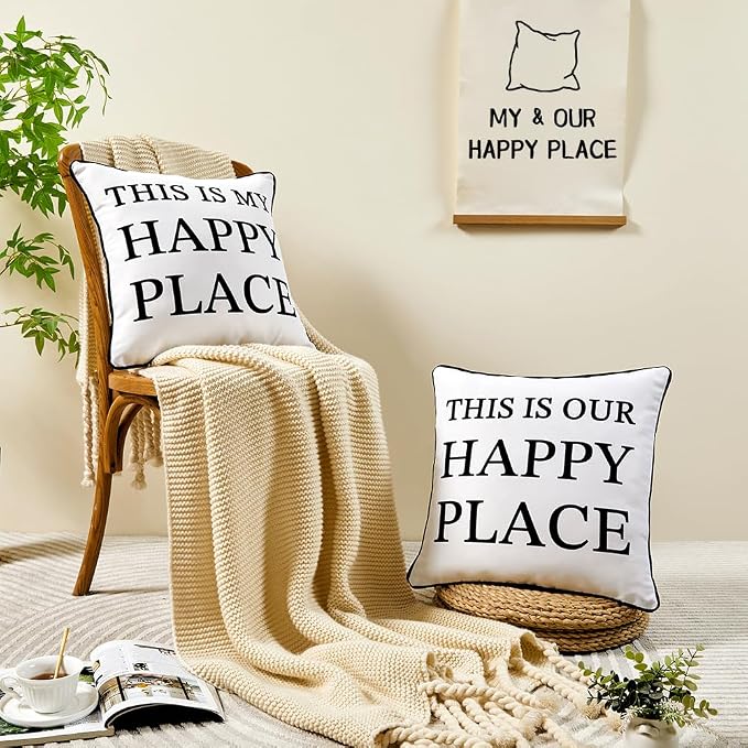 Porch Decor White Outdoor Pillow Cover Waterproof 18x18, Double-Sided Print | This Is Our & My Happy Place Sign, Set of 2, 18 x 18 Outdoor Pillows, Porch Decorations Outdoor, Outdoor Decor for Patio