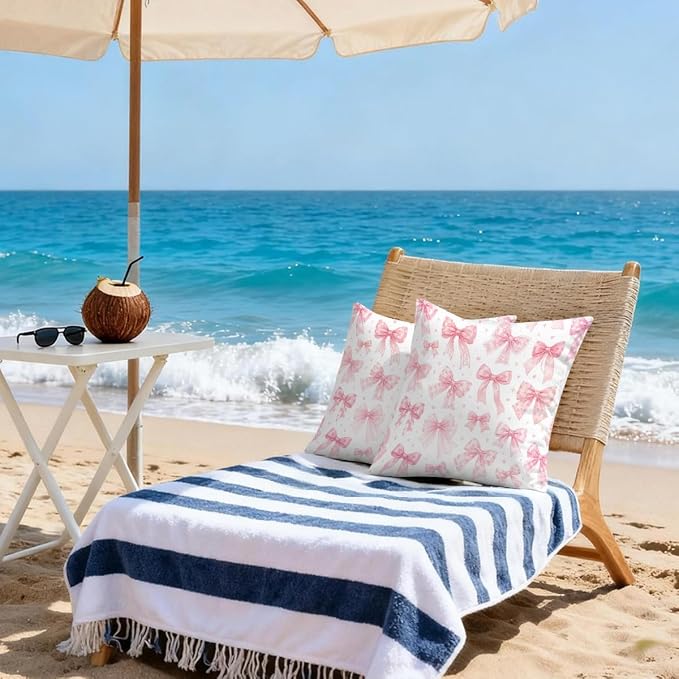 Waterproof Outdoor Pillow Covers Patio Throw Pillow Cases 18x18 Bows | Decorative Throw Pillows Patio Cushion Covers Set of 2, Outdoor Pillow Inserts Cover for Couch Chair