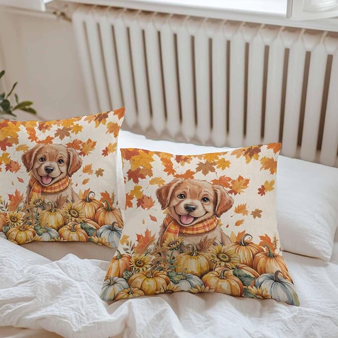 Orange Cute Dog Outdoor Waterproof Pillow Covers, Fall Pumpkins Maple Leaves Retro Pastoral Decorative Square Throw Pillowcase Sofa Cushion Sham for Patio/Couch/Chair, 18"x18" 2 Pack