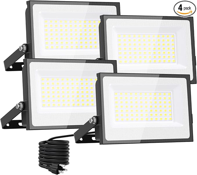Onforu 80W Flood Lights Outdoor, 8000lm Bright LED Work Light with Plug,Daylight White LED Flood Lighting, IP66 Waterproof Security Yard Lights for Garage Stadium 4 Pack