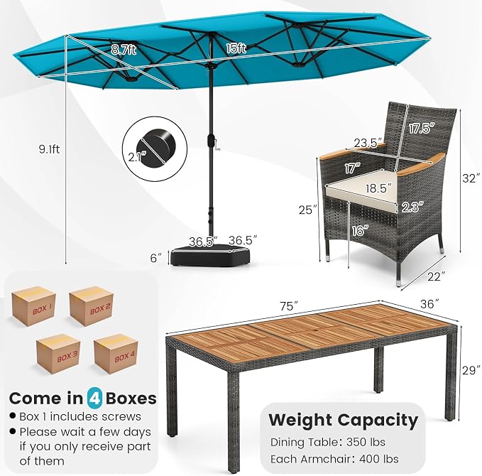 Tangkula 10 Pieces Patio Wicker Dining Set w/Double-Sided Patio Umbrella, Outdoor Acacia Wood Furniture Set w/ 8 Armchairs, 71” Dining Table & 15 ft Umbrella with Weighted Base (Turquoise)