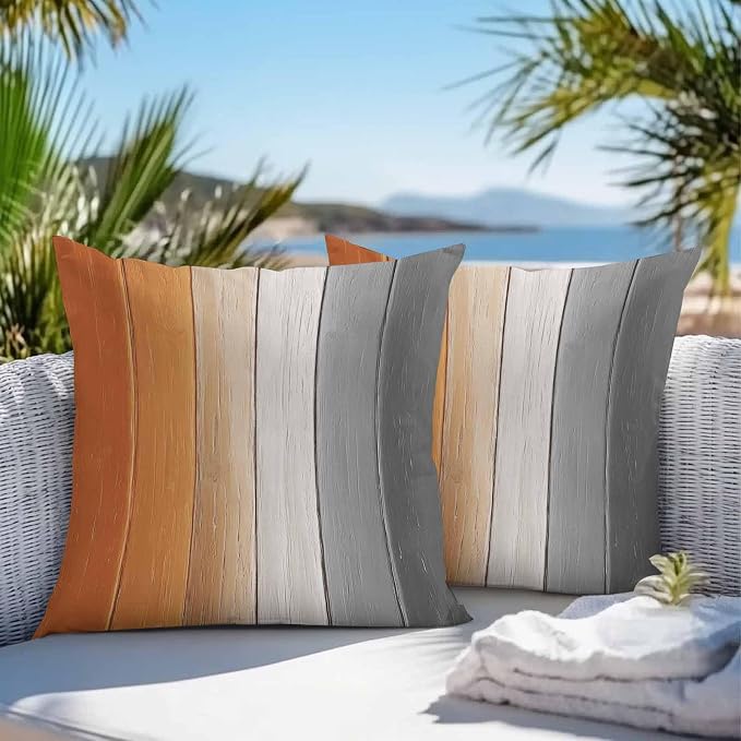 Throw Pillow Covers 16x16 Inch Set of 2, Burnt Orange Gray Ombre Waterproof Outdoor Cushion Covers, Vintage Farmhouse Wooden Decorative Pillowcases for Couch, Sofa, Bed, Garden, Patio