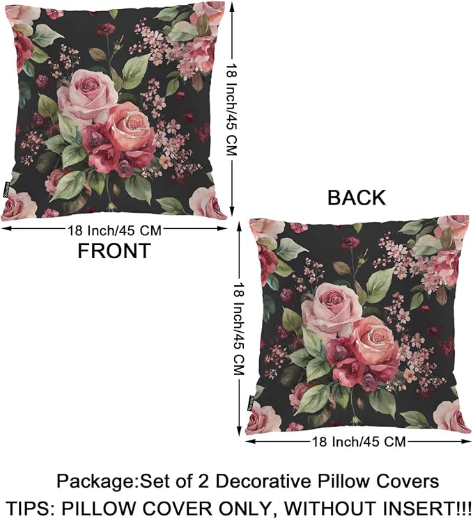 Swono Rose Throws Pillows Covers for Couch, Retro Blossom Rose Flowers Decorative Pillow Cases for Men Women, Comfortable Pillow Cushion Cover Pack of 2 18"X18" for Home Sofa Bed, Black Red