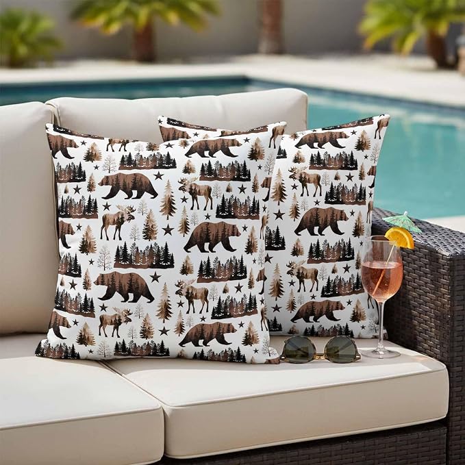 Brown Bear Elk Cabin Outdoor Pillow Covers 24x24 Inch Throw Pillow Covers Set of 2 Waterproof Decorative Pillow Cases Farmhousee Pine Tree Forest Cushion Covers for Patio Furniture Garden Couch Sofa