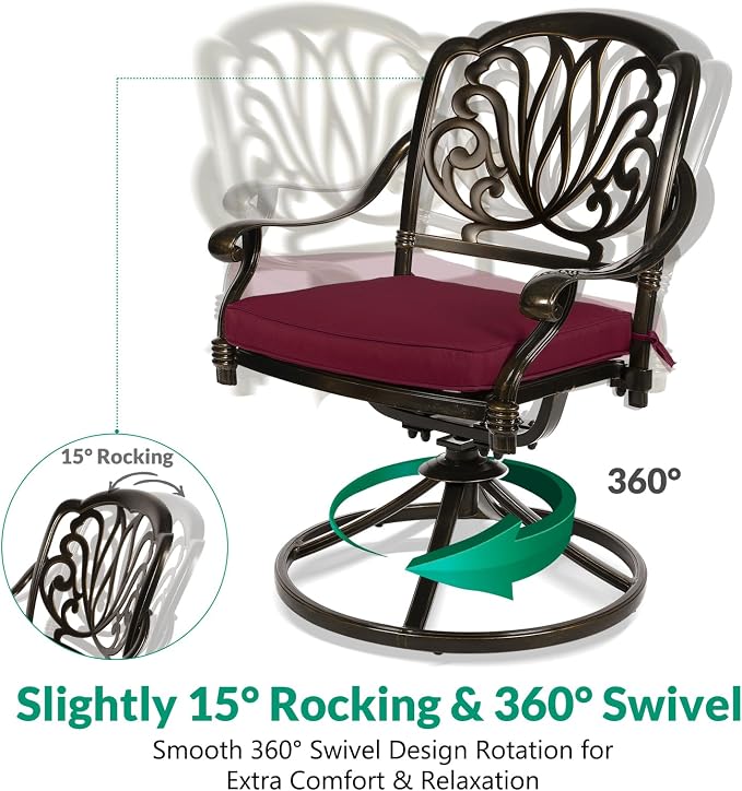 VIVIJASON 9-Piece Outdoor Furniture Dining Set for 8, Cast Aluminum Patio Table and Chairs Set with 6 Stationary Chairs, 2 Swivel Rocker Chairs, 64" Large Square Dining Table, Umbrella Hole, Red