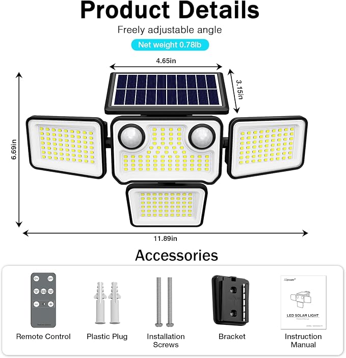 4500LM Solar Lights Outdoor Waterproof, 254 LED Solar Flood Lights Outdoor with 2 Motion Sensor, 4 Heads Security Light with Remote Control for Yard Outside House Garage 4 Pack