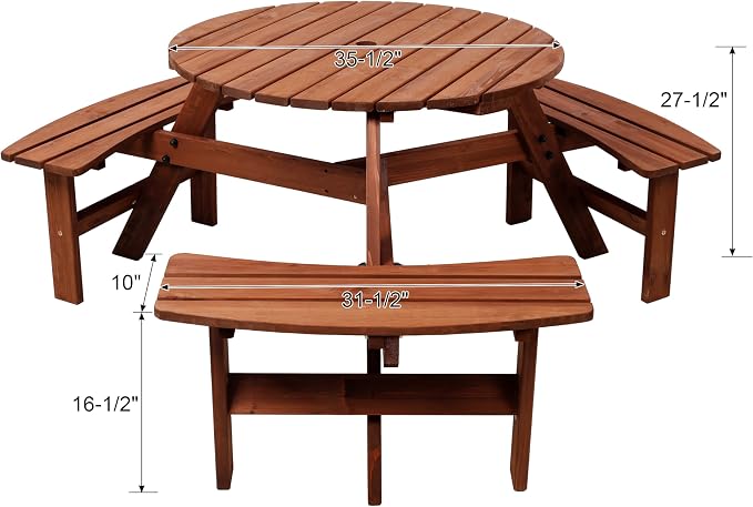 Wooden Picnic Table,Outdoor Wooden Dining Rectangle Table w/Umbrella Hole,for Patio,Garden,Backyard