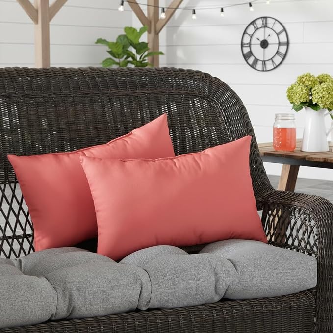 Set of 2 Outdoor Throw Pillows 19 x 12 Inch – Reversible Rectangle Patio Accent Pillows – Weather-Resistant Polyester Fabric – Eco-Friendly Recycled Polyfiber Fill – Coral