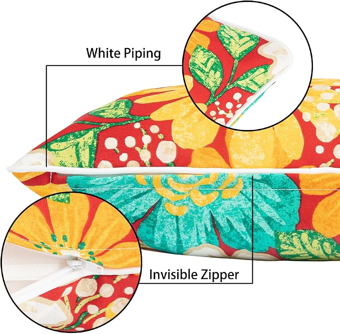 Magpie Fabrics Pack of 2 Outdoor Lumbar Pillow Case Covers 12"x20", Waterproof Rectangular Throw Pillowcase Shell Decorative Sham for Patio Garden Couch - Embry Red Hibiscus