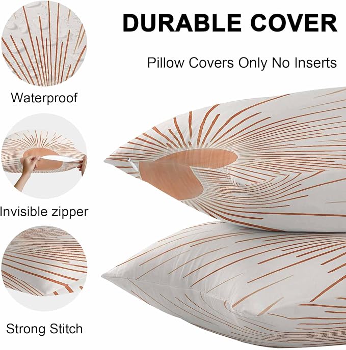 Mid Century Terracotta Sun Lines Outdoor Pillow Covers Set of 2,Decorative Waterproof Throw Pillow Case, Modern Minimal Art Cotton Linen Soft Cozy Cushion Pillowcases
