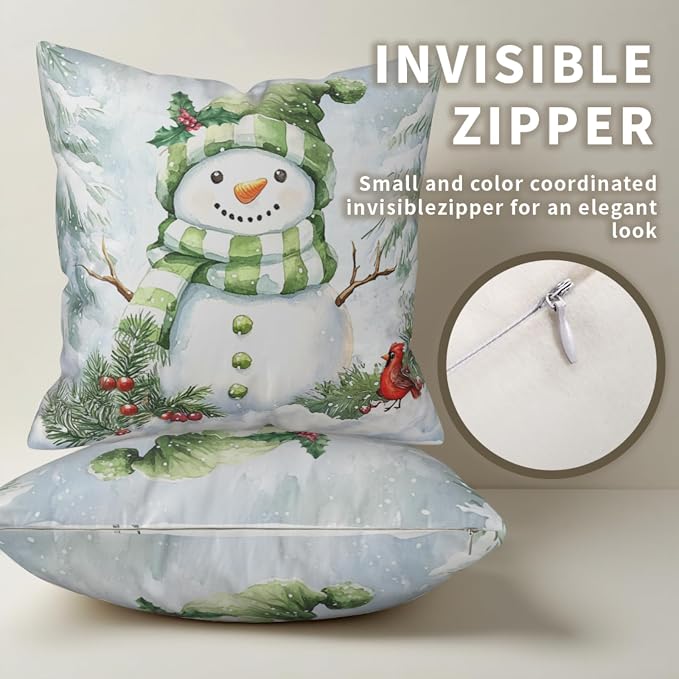 Set of 2 Winter Pillow Covers 18x18 Green Snowman Pine Tree Holly Berry Cardinal Bird Throw Pillow Covers Holiday Pillow Case for Home Decor Couch Sofa