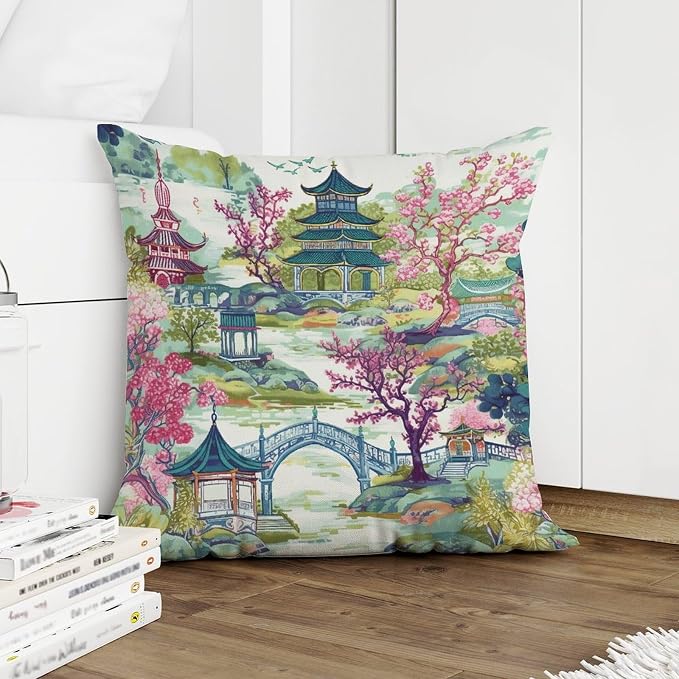 Chinoiserie Pagoda White Coral Blue Asian Pillowcase Chinoiserie Chic Asian Pillowcase 24x24 INRustic Accent Decorative Cushion Cases Home Decor for Sofa Bed Chair Car