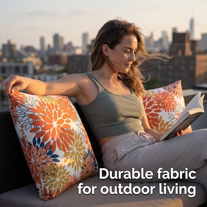 Decorative Throw Pillow Covers 20x20 Inches Set of 2 Outdoor Waterproof Pillow Covers Orange and Yellow Dahlia Square Pillowcases Spring Summer Cushion Covers for Inside and Outdoor