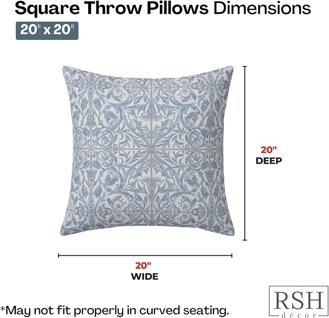RSH DECOR: Sunbrella Square Throw Pillows Set of 2 | 20" x 20" | Water and Fade-Resistant Performance Fabric | Outdoor Pillow Covers with Down-Alternative Inserts | Made in USA (Provincial Azure)
