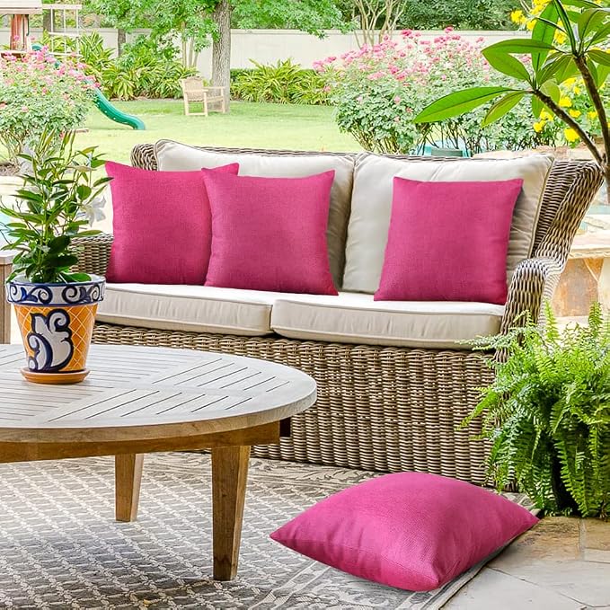 OTOSTAR Outdoor Throw Pillow Covers 20x20 Inches Patio Decorative Waterproof Pillow Covers Farmhouse Pillowcases Sofa Cushion Case Pillows for Couch Tent Sofa Balcony Decor Pack of 4 (Hot Pink)