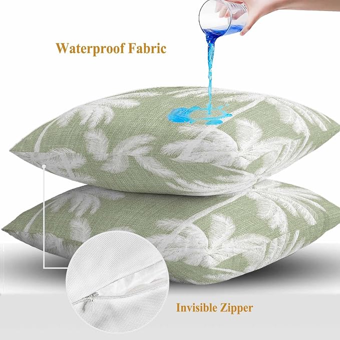 Outdoor Pillow Covers 18x18 Inch Set of 2, Sage Green Palm Trees Waterproof Throw Pillow Covers, Farmhouse Tropical Summer Beach Decorative Cushion Pillowcases for Couch, Sofa, Bed, Garden, Patio