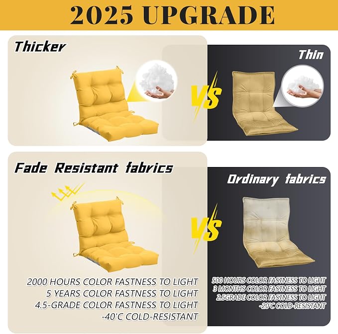 Marsui 4 Pcs Outdoor Indoor High Back Chair Cushions Patio Furniture Tufted Pillow with Ties Water-Resistant Replacement Outdoor Rocking Chair Cushions, 42 x 21 Inches (Yellow,Solid Color)