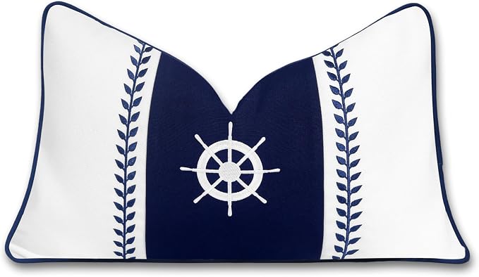 Hofdeco Premium Coastal Outdoor Performance Lumbar Pillow Cover Only, 12"x20" Water Repellent, UV and Fade Resistant for Backyard, Couch, Poolside, Navy Blue Embroidered Nautical Yacht Wheel