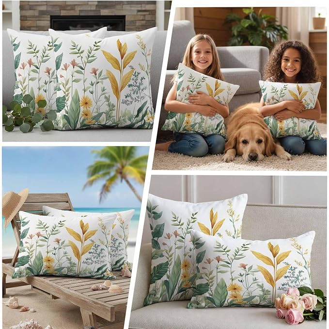 Outdoor Pillow Covers 20x20 Set of 2, Yellow Green Botanical Waterproof Patio Throw Pillow Covers for Couch Sofa Chair, Rustic Watercolor Leaves Decorative Pillowcases for Throw Pillows