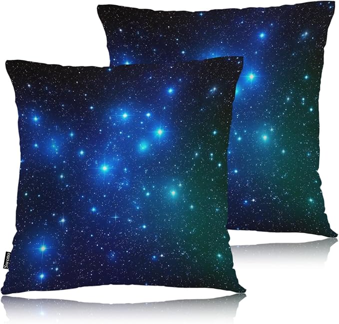 Swono Set of 2 Galaxy Stars Pillow Covers 18 X 18 Inch, Starry Night Glitter Stars Outer Space Square Decorative Throw Pillow Covers for Sofa Couch Bed,Outdoor Indoor Pillowcase Cushion Cover