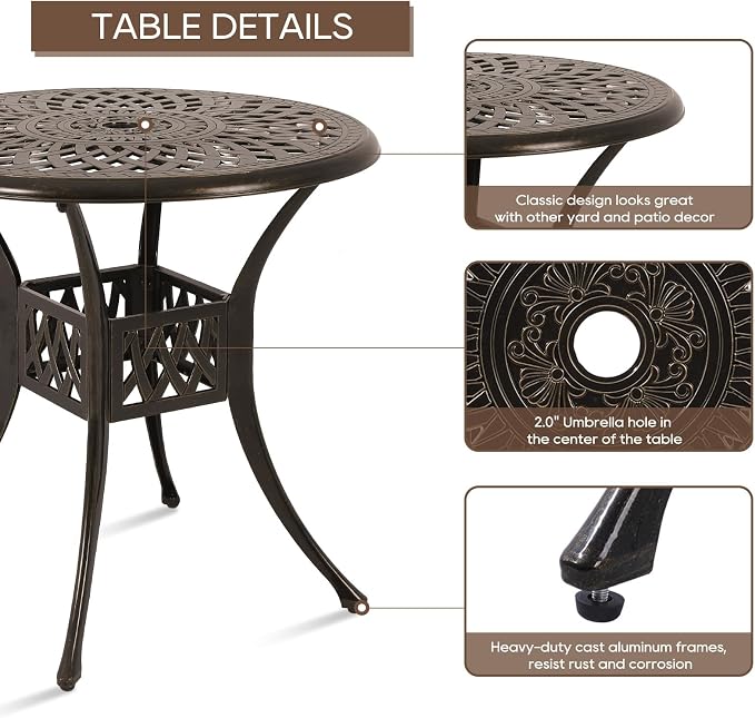 Patio Dining Table,Cast Aluminum Patio Table with Umbrella Hole, Outdoor Bistro Table for Backyard, Garden, Patio