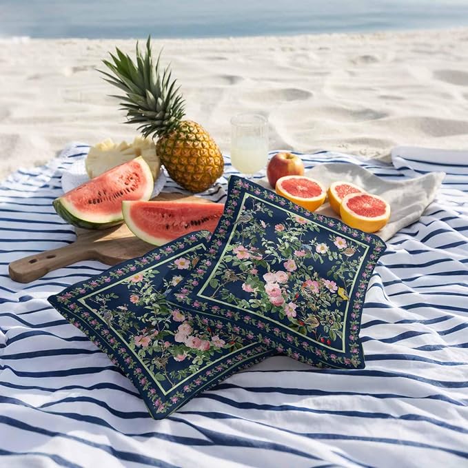 Vandarllin Outdoor Throw Pillows Covers 20x20 inch Set of 2 Waterproof Pink Floral Bird Decorative Zippered Cushion Covers for Patio Furniture, Green Leaves Branches Navy Blue Lumbar Pillowcases