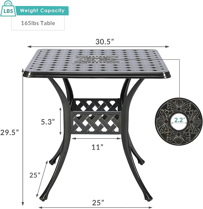 MEETWARM 30.5" Square Patio Dinning Table, Outdoor Cast Aluminum Dinning Table with 2.2" Umbrella Hole, Dark Bronze