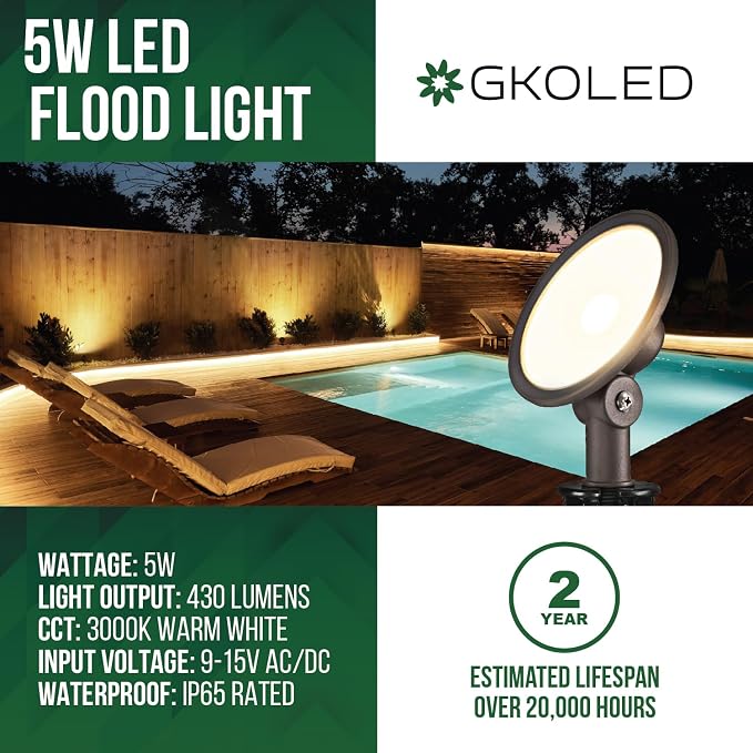 4-Pack Low Voltage LED Landscape Flood Light, 9-15V AC/DC Outdoor Wall Wash Lighting, 5W 450LM Waterproof Landscape Spotlight with Slot Spike, 3000K, Adjustable Knuckle Mount, Die-cast Aluminum