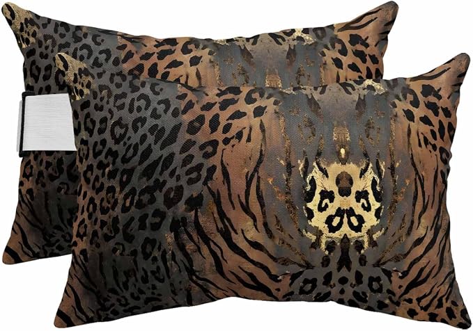Brown Black Leopard Print Outdoor Chaise Lounge Head Pillow with Insert,Vintage Animals Skin Fur Pattern Waterproof Headrest Lumbar Pillow Cusion Cover with Elastic Strap for Recliner,12"x20" 2PCS