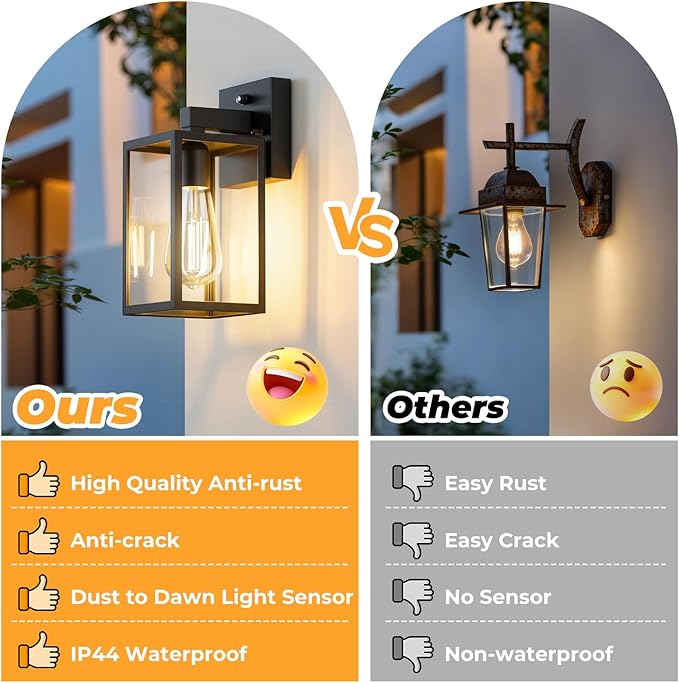 FOLKSMATE 2 Pack Dusk to Dawn Outdoor Wall Light Fixtures, Exterior Porch Light, Waterproof Wall Sconces Lanterns, Sensor Lighting Wall Mount for House Doorway Garage, Black