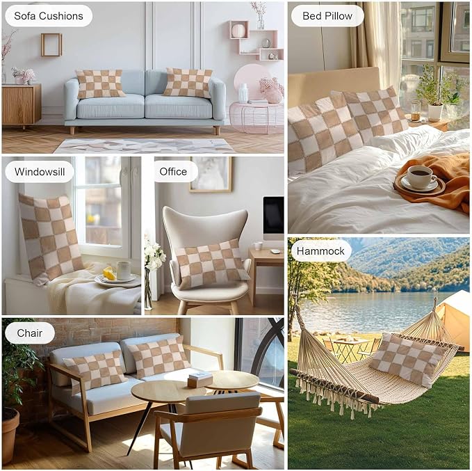Brown Beige Checkered Outdoor Pillow Covers 20x12 Inch Lumbar Pillow Covers Set of 2 Waterproof Decorative Throw Pillow Cases Modern Farmhouse Plaid Burlap Cushion Covers for Patio Furniture Garden