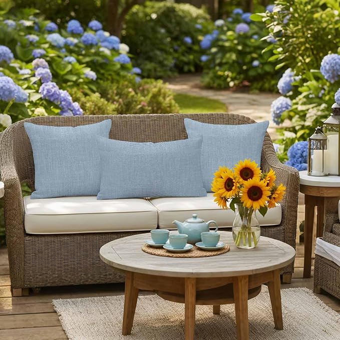 Outdoor Waterproof Throw Pillow Covers Set of 2 Sky Blue Linen Pillowcases 18x18 Inches Farmhouse Pure Color Decorative Pillows Cushion Case Patio Pillows for Couch Bed Chair Garden