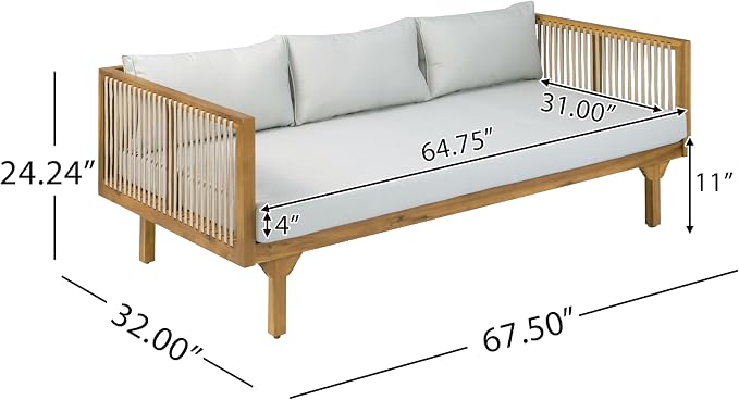 Merax Outdoor Acacia Wood Conversation Set - Patio 3-Seat Loveseat Sofa w/Coushion and Round Coffee Table for Backyard, Lawn, Balcony, Water Repellent, 600 lbs Sofa Capacity, Teak +Light Gray