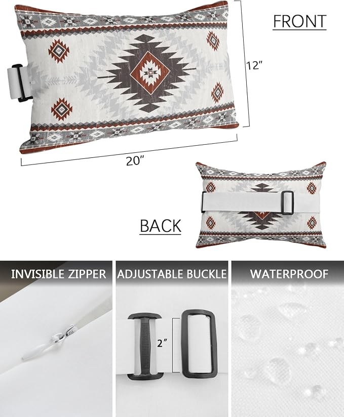 Outdoor Pillows Waterproof Covers Set of 2, Red Grey Bohemian Adjustable Elastic Chaise Lounge Headrest Pillow Covers, Aztec Boho Tribal Decorative Lumbar Pillow for Pool Patio Furniture 20x12 Inch
